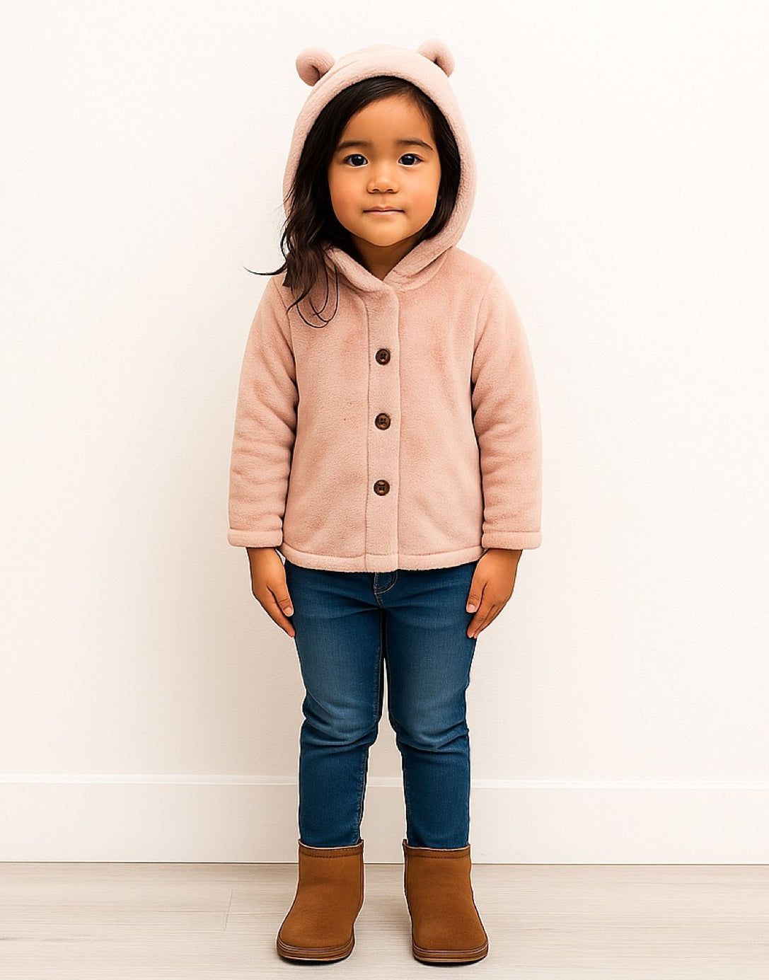 Child wearing a pink Teddy Ear Hooded Jacket with bear ears, blue jeans, and brown boots on a white background