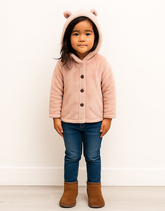 Child wearing a pink Teddy Ear Hooded Jacket with bear ears, blue jeans, and brown boots on a white background
