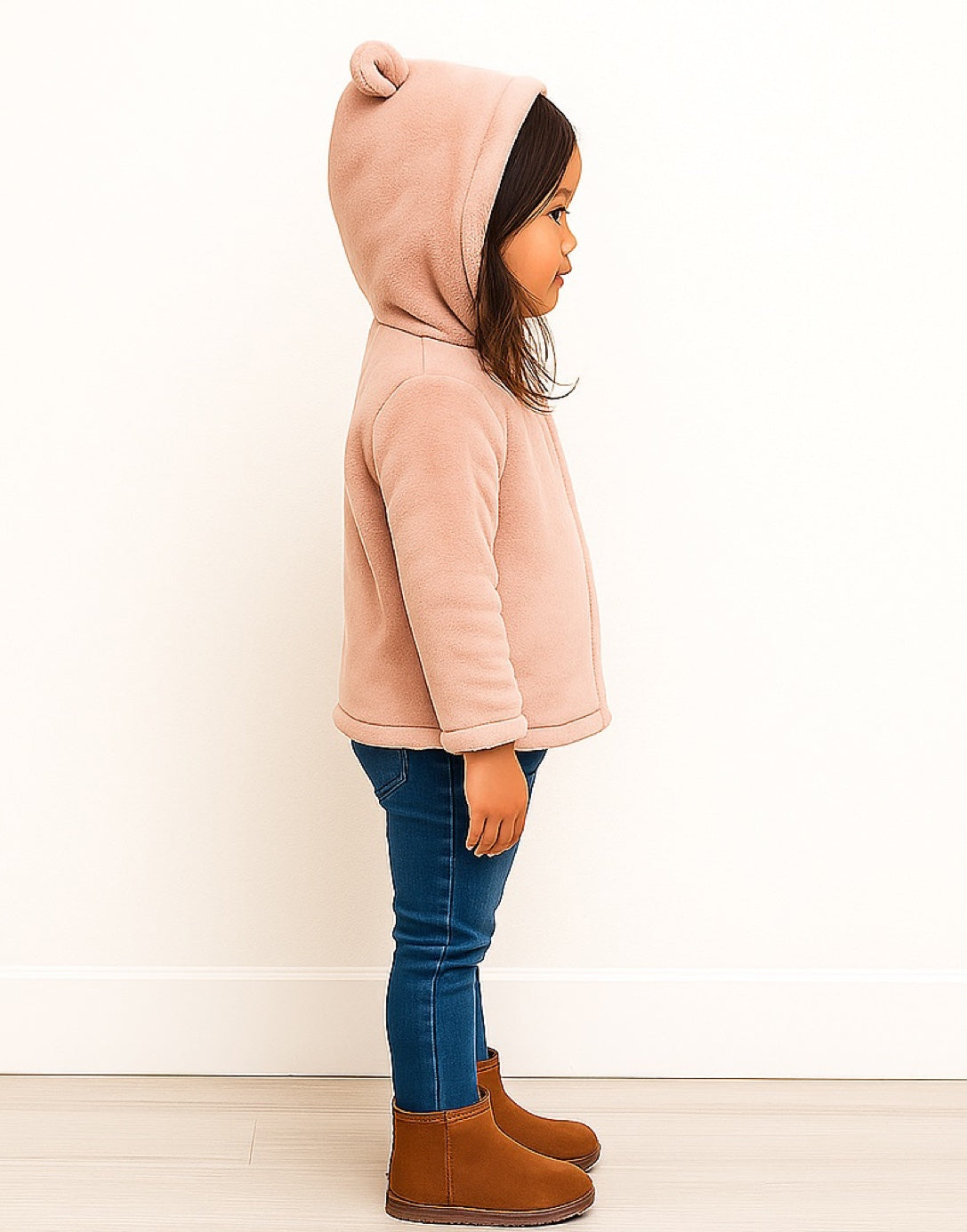 Side view of child wearing a pink Teddy Ear Hooded Jacket with bear ears, blue jeans, and brown boots on a white background.