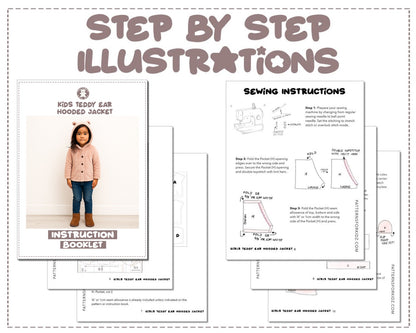 Kids Teddy Ear Hooded Jacket sewing pattern instruction booklet showing step by step illustrations to make the garment.