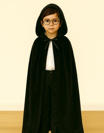Child wearing a black hooded Kids Wizard Robe over a white shirt on a beige background