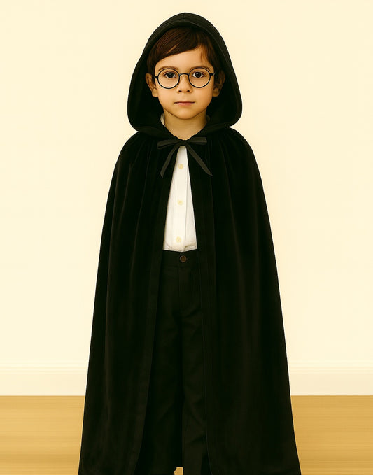 Child wearing a black hooded Kids Wizard Robe over a white shirt on a beige background
