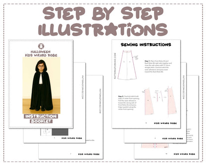 Kids Wizard Robe sewing pattern instruction booklet showing step by step illustrations to make the garment.