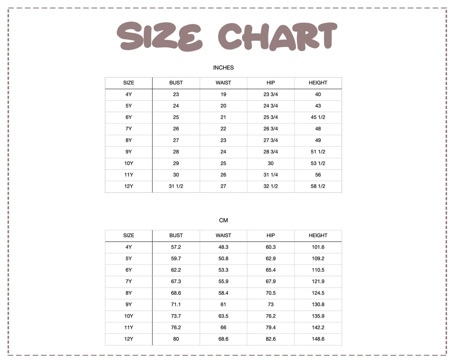 Patterns For Kidz 4y-12y size chart.