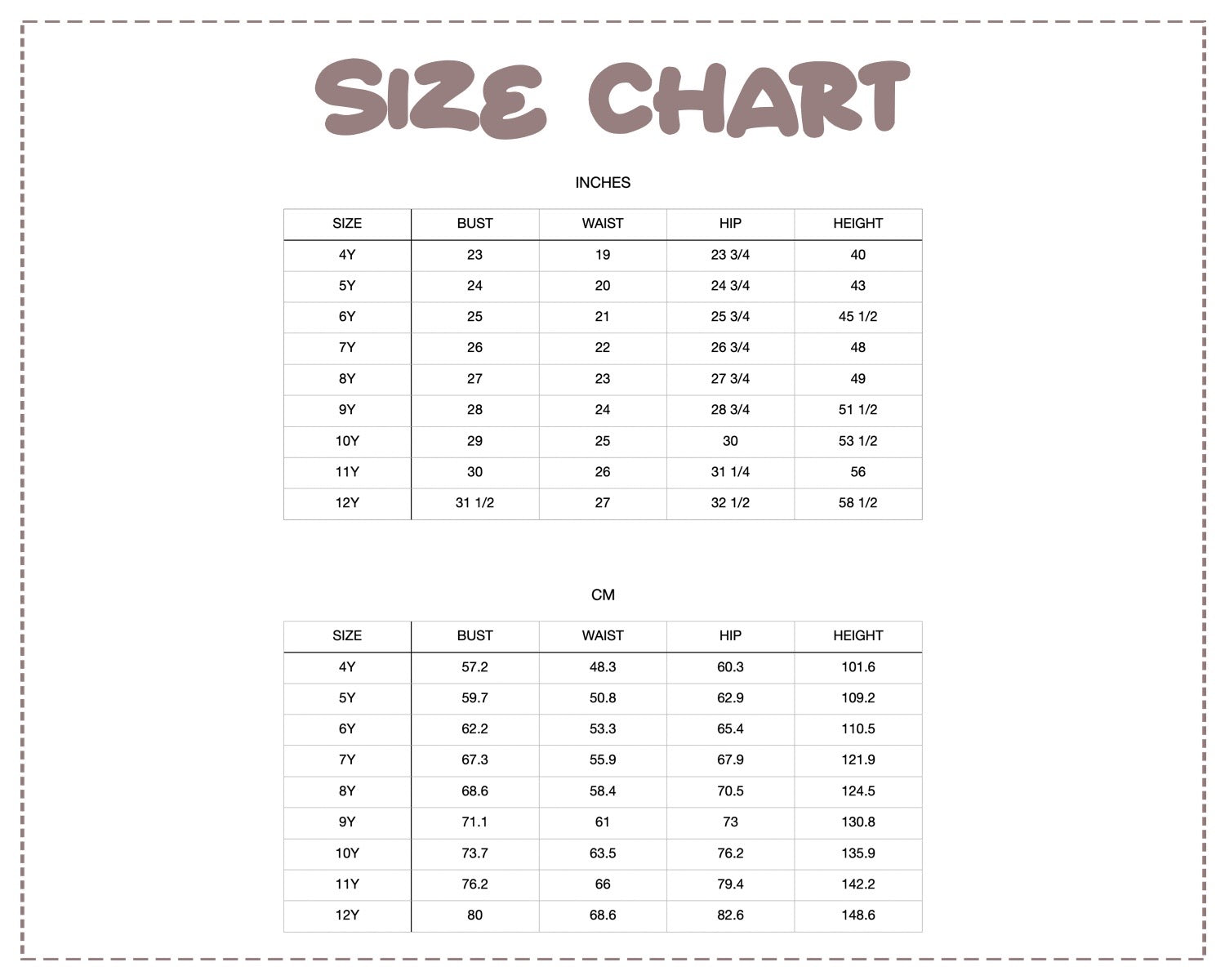 Patterns For Kidz 4y-12y size chart.