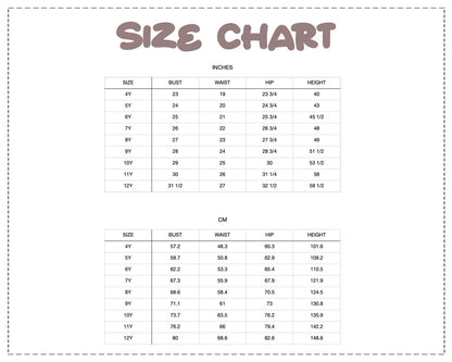Patterns For Kidz 4y-12y size chart.