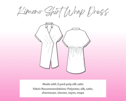 Illustration and detailed description for Kimono Shirt Wrap Dress sewing pattern.