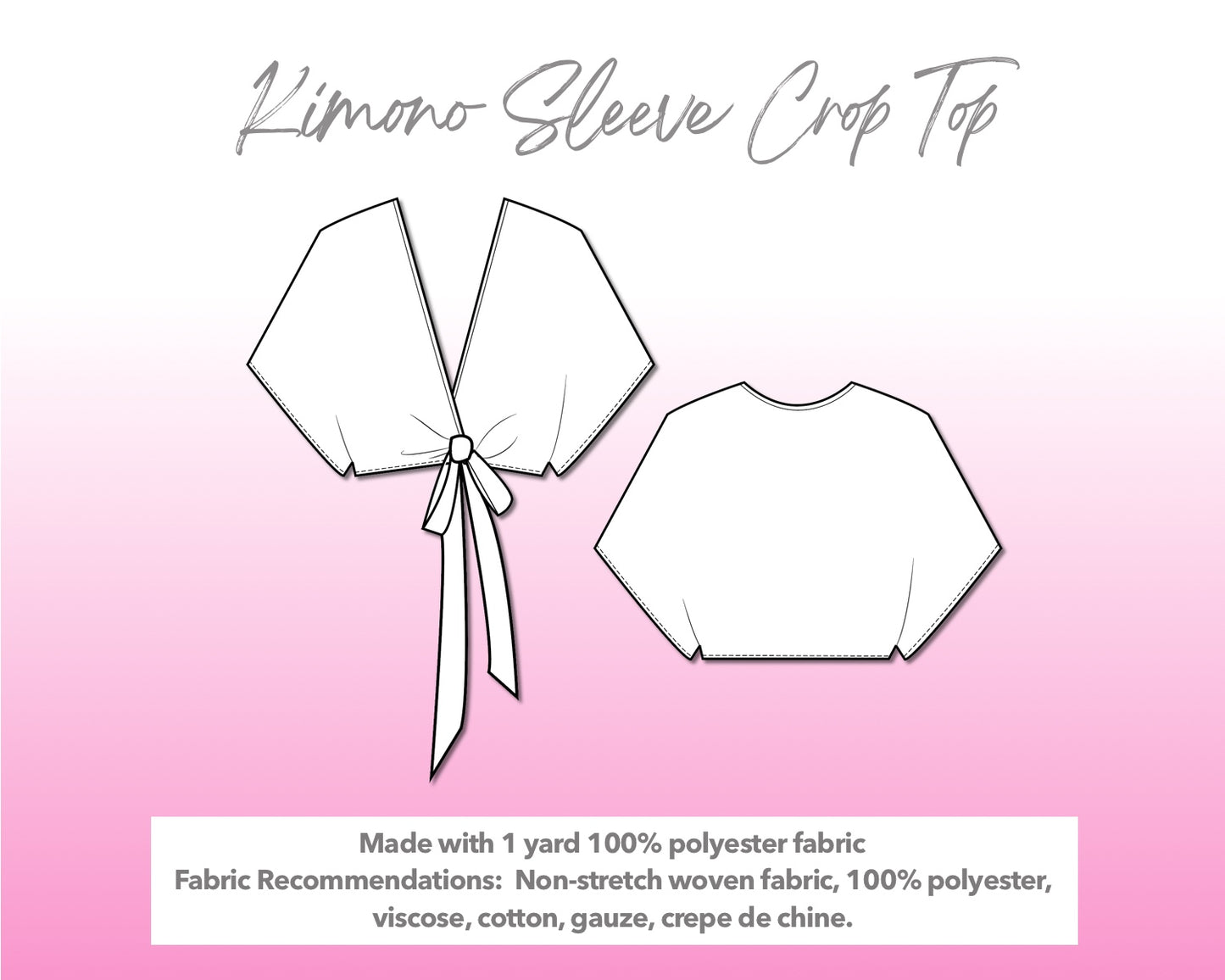 Illustration and detailed description for Kimono Sleeve Front Tie Crop Top sewing pattern.