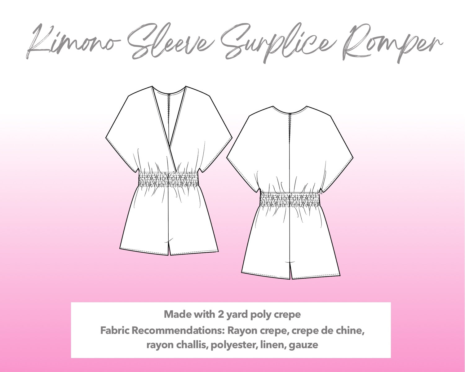 Illustration and detailed description for Kimono Sleeve Surplice Romper sewing pattern.