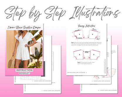 Kimono Sleeve Surplice Romper sewing pattern step by step illustrations.