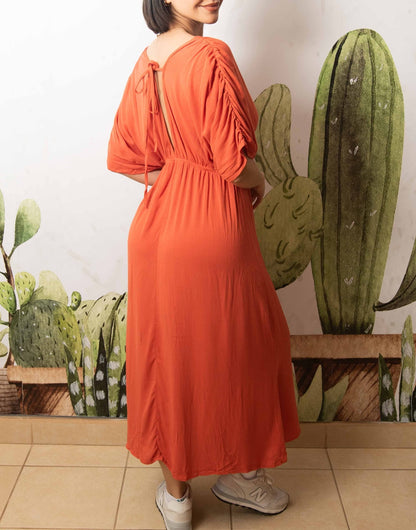 Back view of Kimono Sleeve Tie Back Maxi Dress .