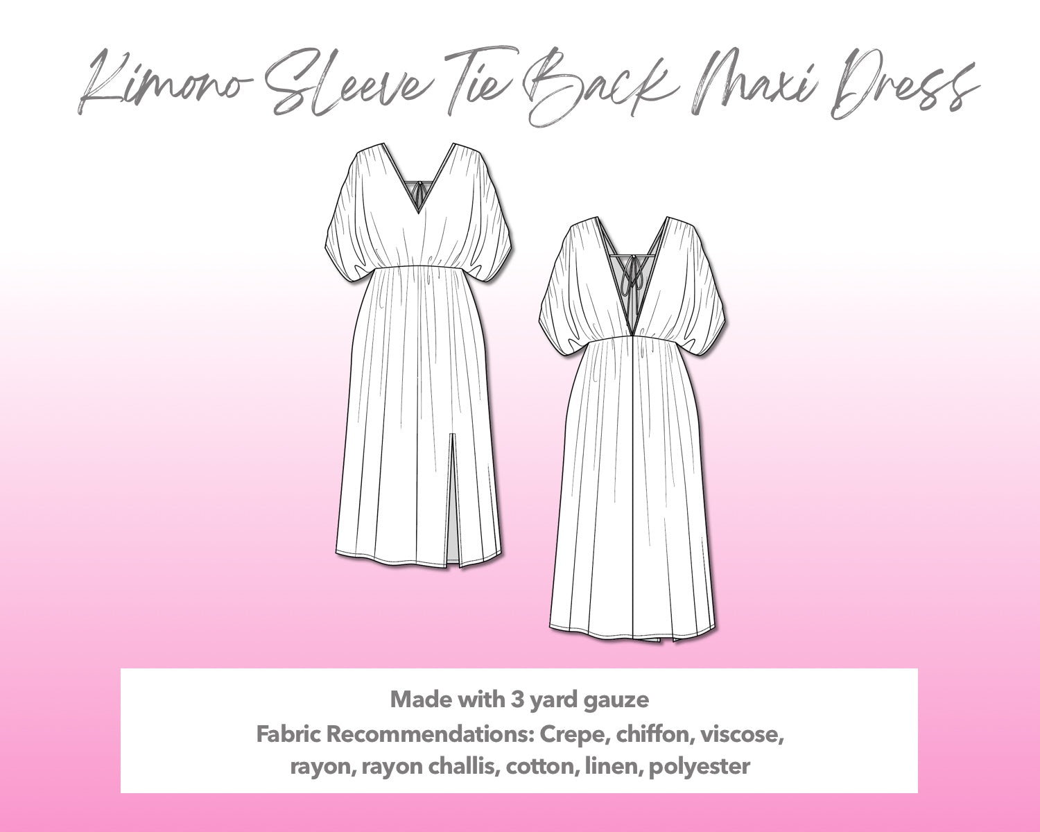 Kimono Sleeve Tie Back Maxi Dress Sewing Pattern - Paper Sewing Pattern Kimono Sleeve Tie Back Maxi Dress Sewing Pattern - Paper Sewing Pattern