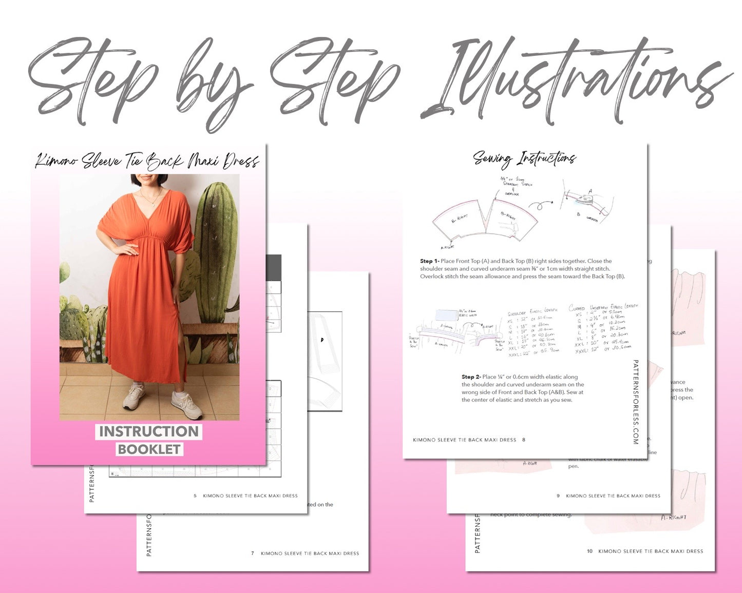 Kimono Sleeve Tie Back Maxi Dress  sewing pattern step by step illustrations.