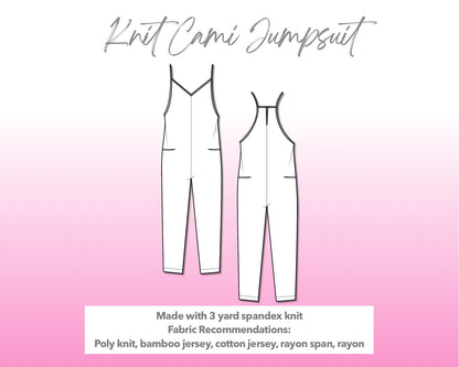 Illustration and detailed description for Keyhole Back Cami Knit Jumpsuit sewing pattern.