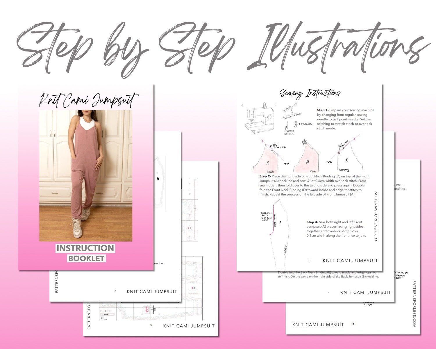 Keyhole Back Cami Knit Jumpsuit sewing pattern step by step illustrations.
