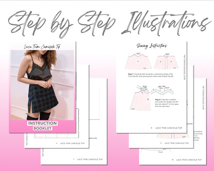 Lace Trim Camisole Top sewing pattern step by step illustrations.