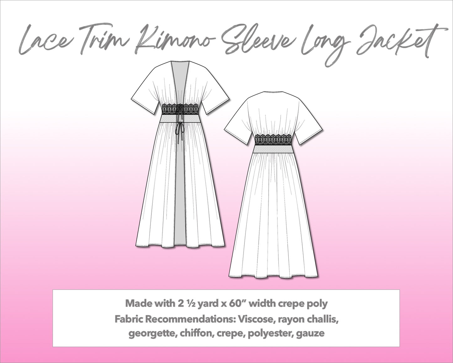 Illustration and detailed description for Lace Trim Kimono Sleeve Long Jacket sewing pattern.