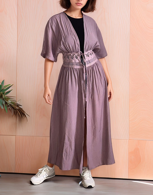 Front view of Lace Trim Kimono Sleeve Long Jacket.