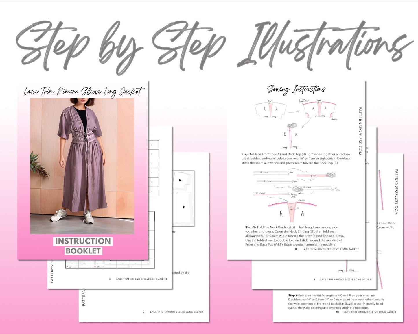 Lace Trim Kimono Sleeve Long Jacket sewing pattern step by step illustrations.