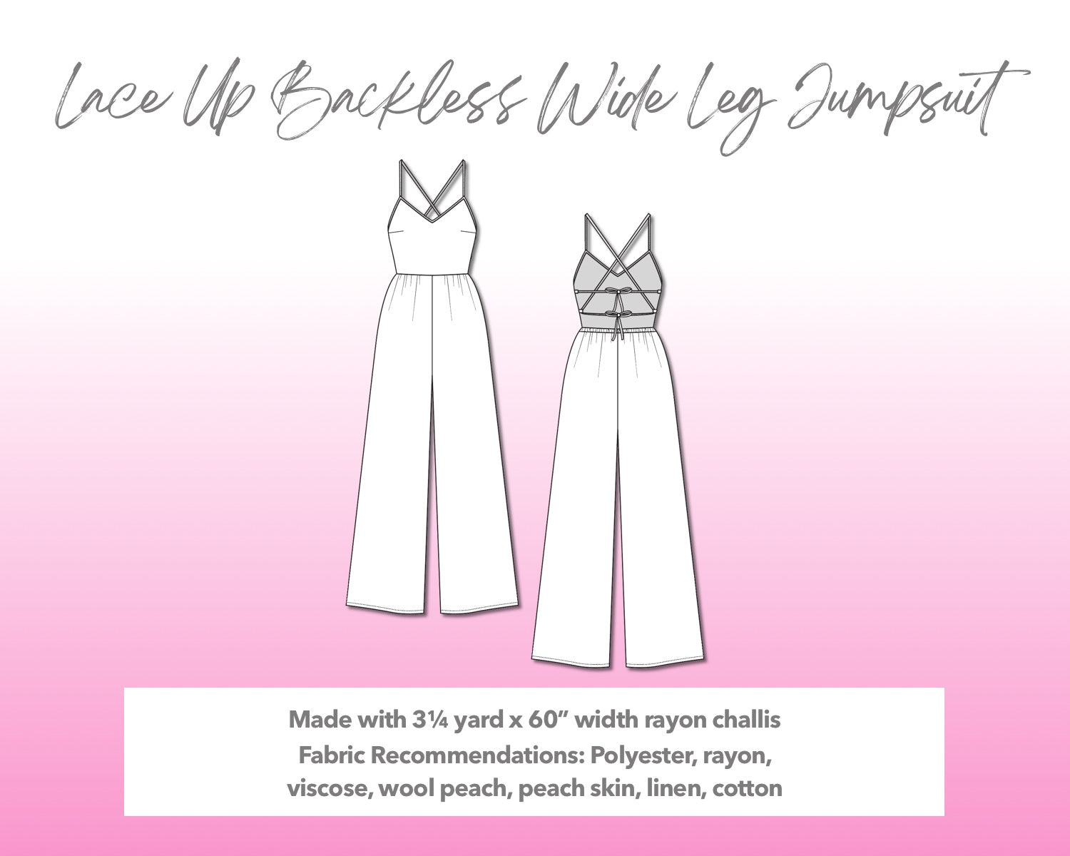 Illustration and detailed description for Lace Up Backless Wide Leg Jumpsuit sewing pattern.