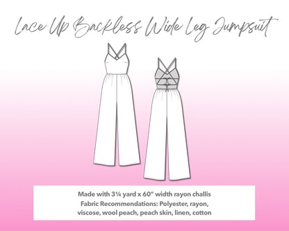 Illustration and detailed description for Lace Up Backless Wide Leg Jumpsuit sewing pattern.