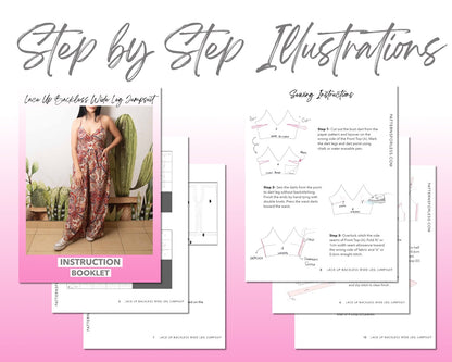 Lace Up Backless Wide Leg Jumpsuit sewing pattern step by step illustrations.