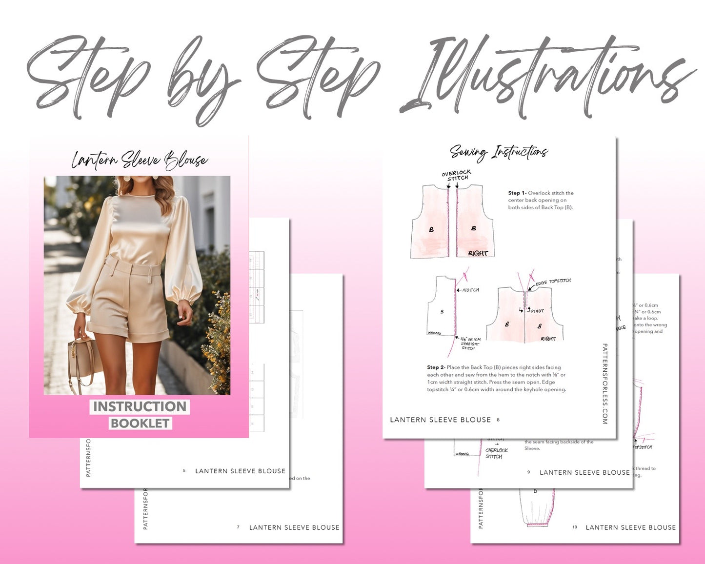 Lantern Sleeve Blouse Sewing Pattern sewing pattern step by step illustrations.