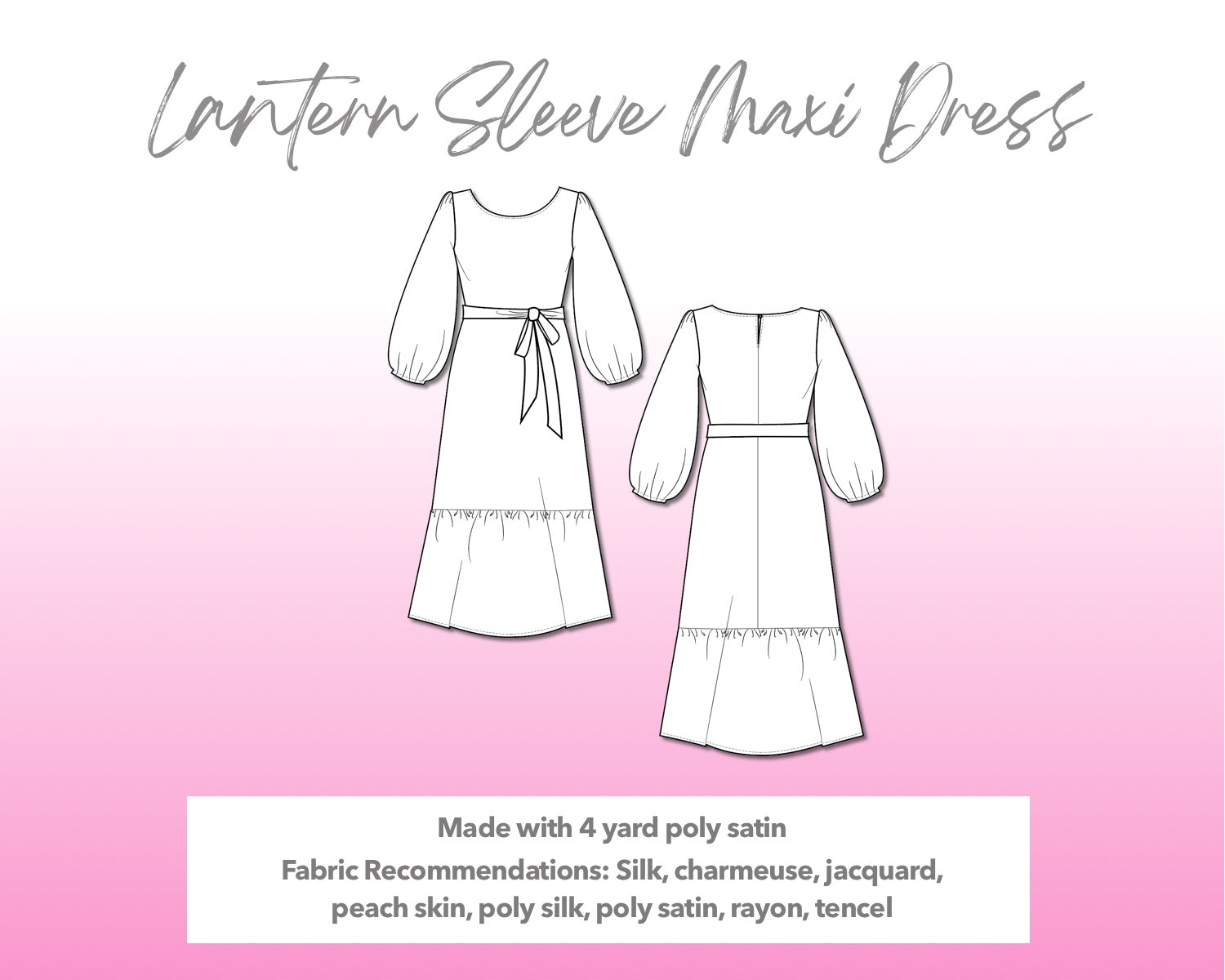 Illustration and detailed description for Lantern Sleeve Maxi Dress sewing pattern.