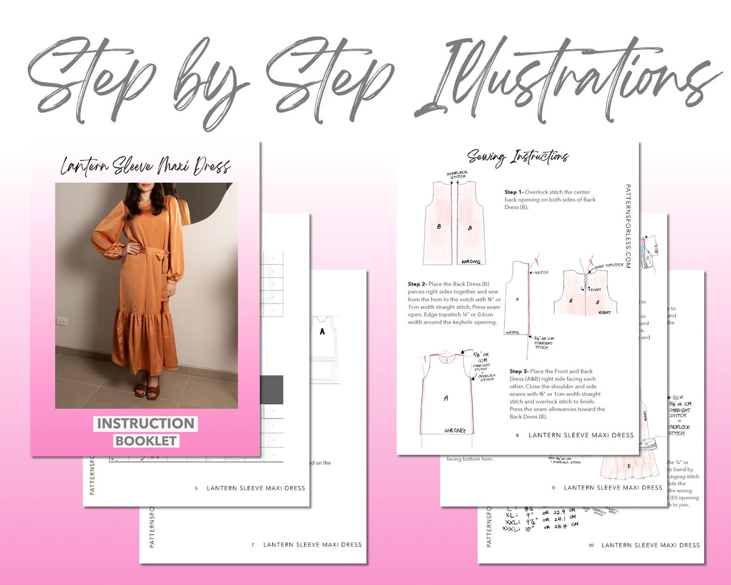 Lantern Sleeve Maxi Dress sewing pattern step by step illustrations.