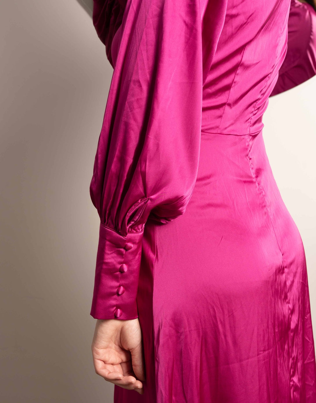 Closeup of Lantern Sleeve Wrap Maxi Dress.
