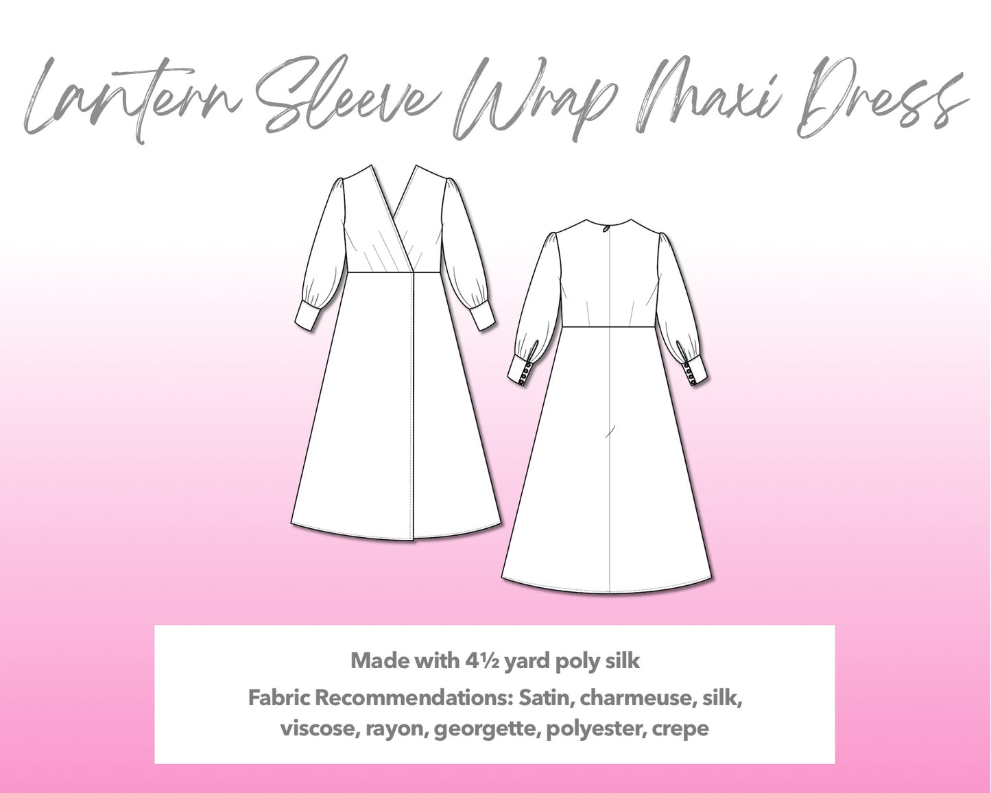 Illustration and detailed description for Lantern Sleeve Wrap Maxi Dress sewing pattern.