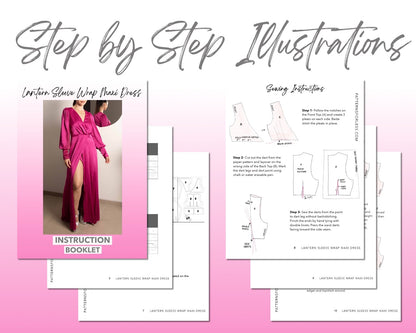 Lantern Sleeve Wrap Maxi Dress sewing pattern step by step illustrations.