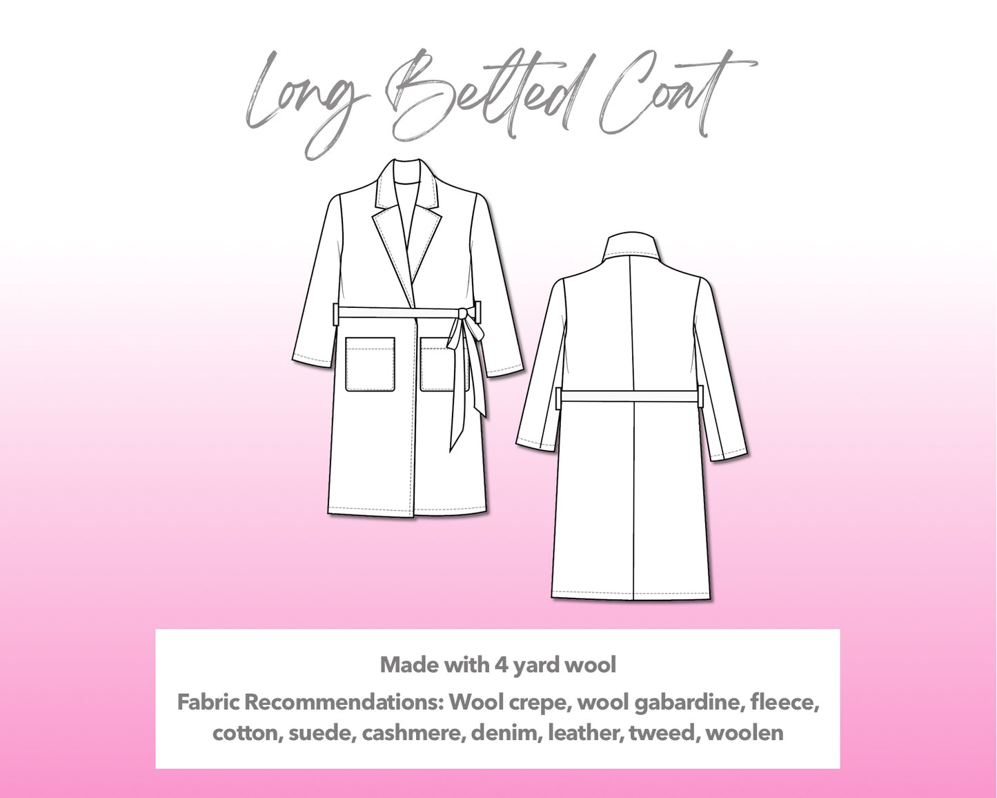 Illustration and detailed description for Long Belted Coat sewing pattern.