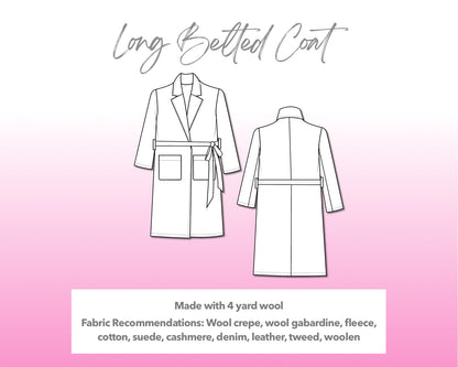 Illustration and detailed description for Long Belted Coat sewing pattern.