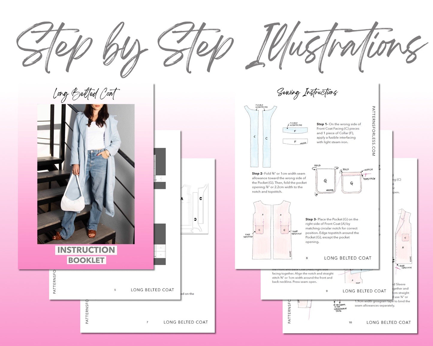 Long Belted Coat sewing pattern step by step illustrations.