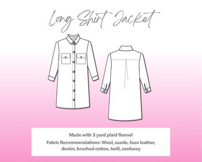 Illustration and detailed description for Long Shirt Jacket sewing pattern.