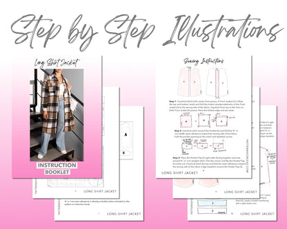 Long Shirt Jacket sewing pattern step by step illustrations.