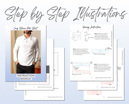 Long Sleeve Polo Shirt sewing pattern step by step illustrations.