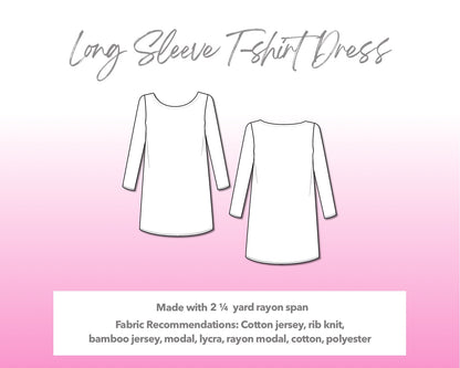 Illustration and detailed description for Long Sleeve T-Shirt Dress sewing pattern.