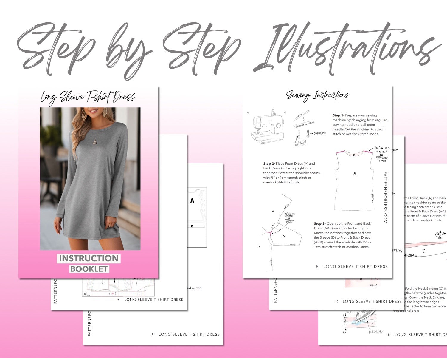 Long Sleeve T-Shirt Dress sewing pattern step by step illustrations.