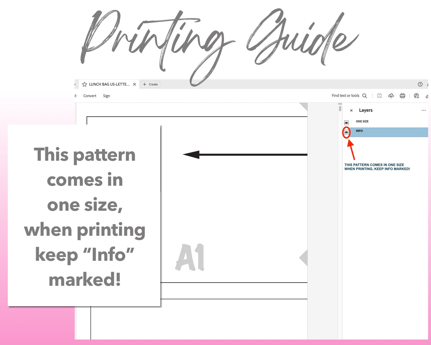 Lunch Bag sewing pattern printing guide.