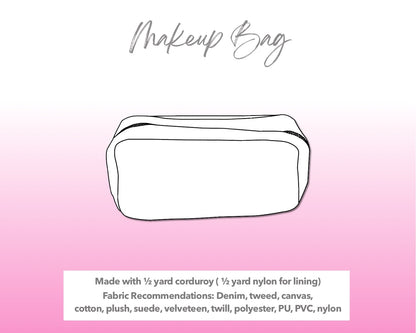 Illustration and detailed description for Makeup Bag sewing pattern.