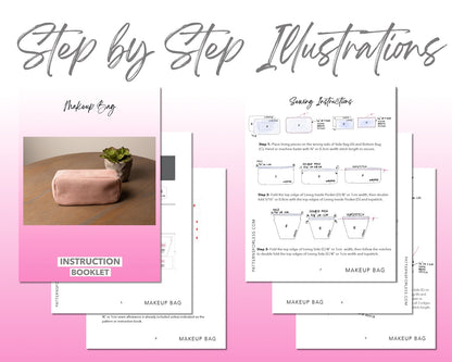 Makeup Bag sewing pattern step by step illustrations.