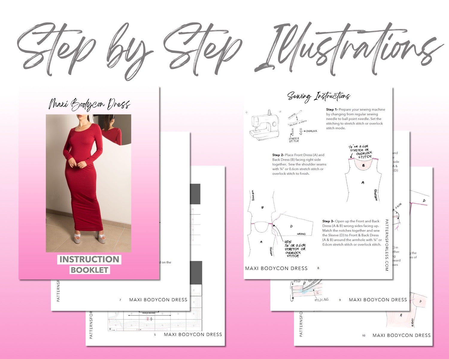 Maxi Bodycon Dress sewing pattern step by step illustrations.