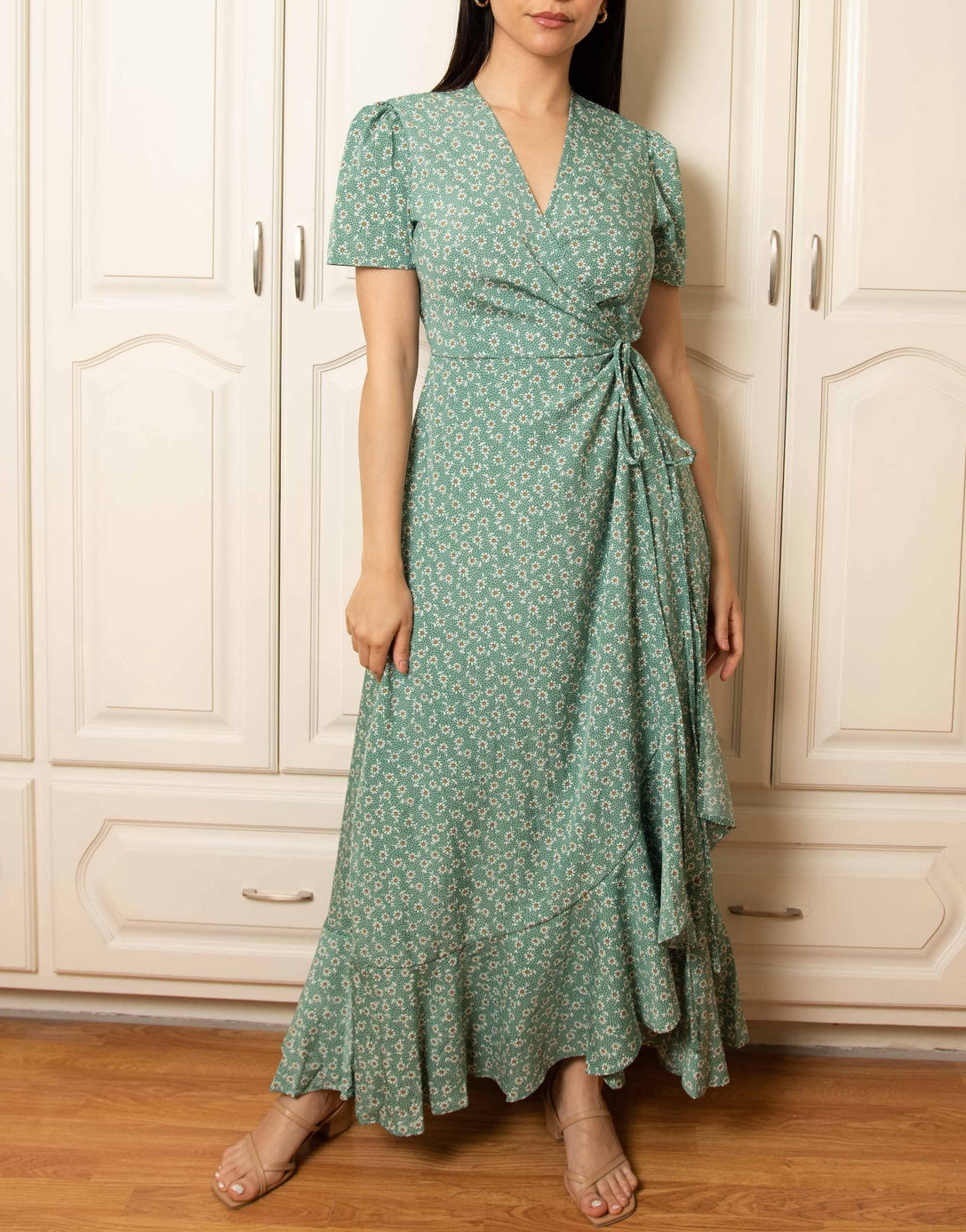 Front view of Maxi Wrap Dress.
