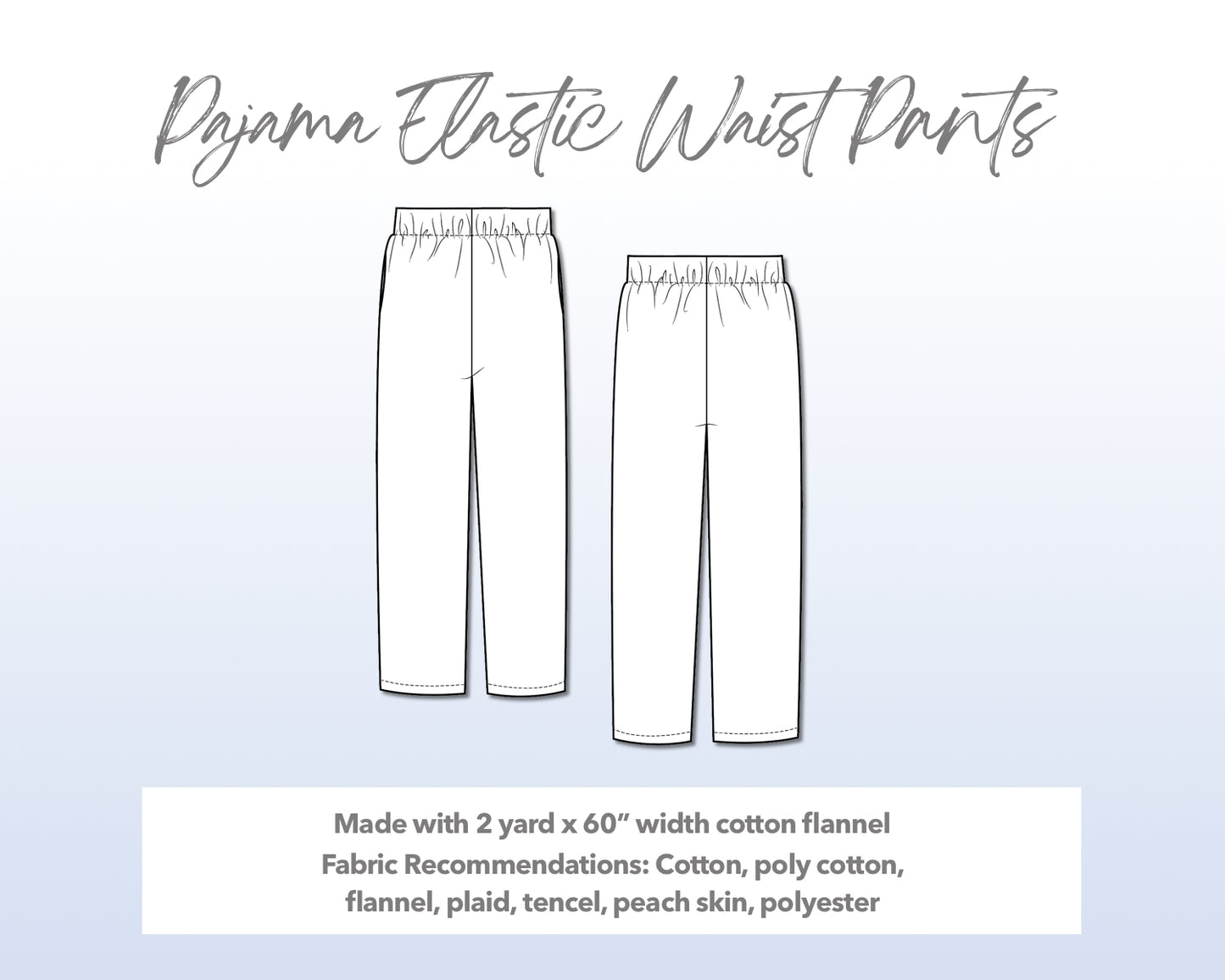 Illustration and detailed description for Pajama Elastic Waist Pants sewing pattern.