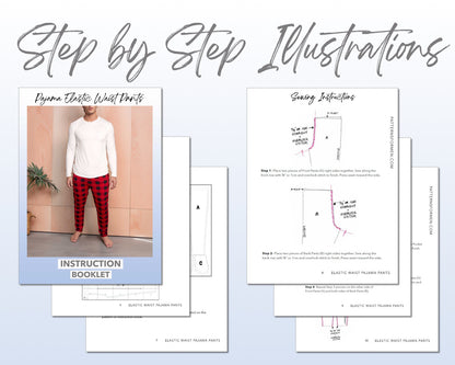 Pajama Elastic Waist Pants sewing pattern step by step illustrations.