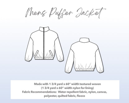 Illustration and detailed description for Mens Puffer Jacket sewing pattern.