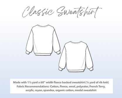 Illustration and detailed description for Mens Classic Sweatshirt sewing pattern.