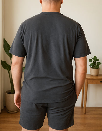 Back view of Mens Tee and Biker Shorts Set.